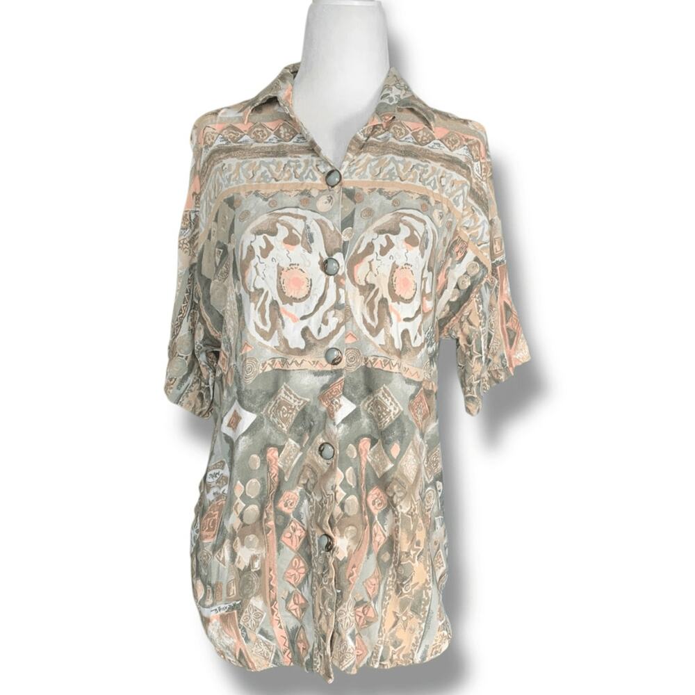 Vintage Top Abstract Print Button Up Earthy Pastel Cream Short Sleeve Medium